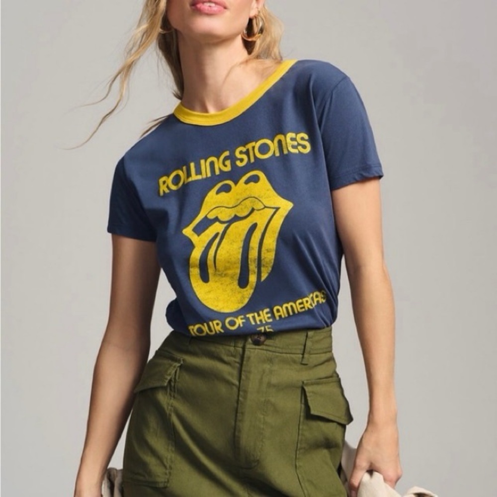 anthropologie / letluv rolling stones ringer graphic baby tee navy blue & yellow